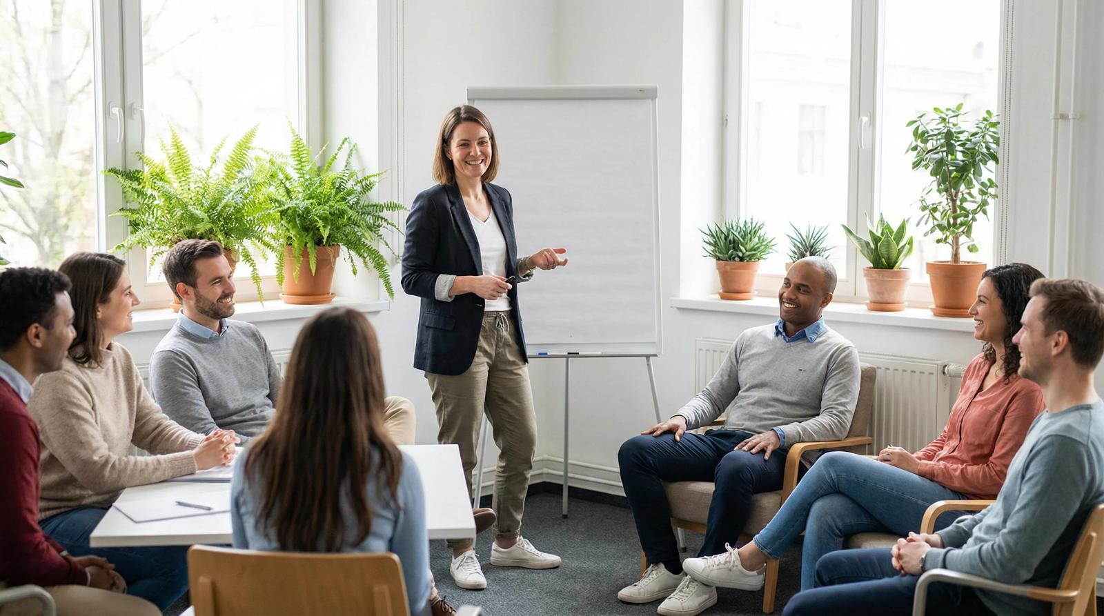 Accompagnement en groupe dans une salle lumineuse